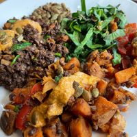 Vegan chorizo (walnuts, mushrooms, lentils) with sweet potato and veggies at Sprinly in Cleveland