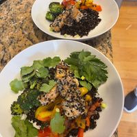 Sesame crusted tofu over forbidden rice, One meal split into two lunches  at Sprinly in Cleveland