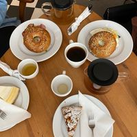 tea, coffee, bagels and a cheese cake (not vegan) at Kawiarnia Stragan in Poznan