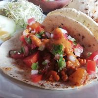 Soy mince and pineapple tacos, with homemade fresh salsa and spicy sauce. Totally awesome at Le Campane in Oaxaca