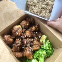 Sesame chicken (1/2 mushrooms 1/2 soy) w/ brown rice at Veggie Village in Phoenix