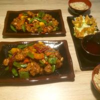 Kung pao vchicken & vegan cream cheese wontons at Veggie Village in Phoenix