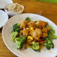 Orange chicken (comes with white or brown rice)  at Veggie Village in Phoenix