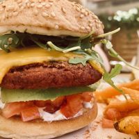 Beetroot, chickpea, mushroom burger  at Cocos Deli in Mallorca