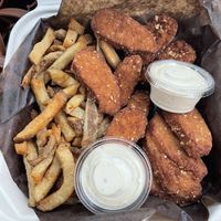 Chick’n tenders, fries, and roasted garlic aioli   at The Townehouse Tavern in Sudbury