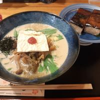 Their signature soy milk vegan ramen and eggplant sushi at Vegan Ramen Towzen in Kyoto