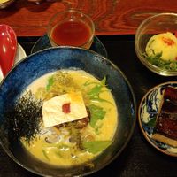 Towzen ramen set (thin noodle with soy milk soup, potato salad, teriyaki eggplant sushi, and soy milk pudding) at Vegan Ramen Towzen in Kyoto