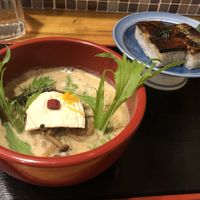 Ramen with eggplant sushi at Vegan Ramen Towzen in Kyoto
