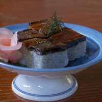 Aubergine sushi at Vegan Ramen Towzen in Kyoto