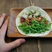 Single taco 400 yen (added my hand (regular Dutch male hand) for size comparison)  at La Quinua in Kagoshima