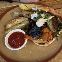 Burger with homemade ‘chips'  at Mezze Bar in Auckland