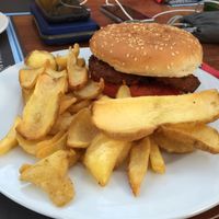 Falafel burger and golden potatoes at Gecko Burger Place in Santorini