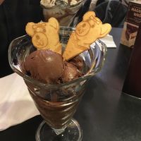 Vegan chocolate ice cream with vegan wafers! (Non vegan ice cream in background)  at Slodki Wentzl - Galeria Krakowska in Krakow