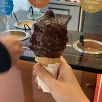 Chocolate dipped raspberry soft serve! Vegan!  at Chocolates Favoris in Quebec