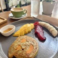 Gluten free oat pancakes with tropical fruits  at Coco&Co in Vientiane