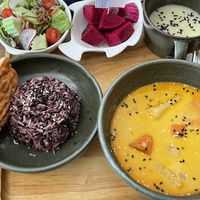 Massaman curry with rice (80,000 kip) as a lunch set (50,000 kip) with added focaccia (21,000 kip).  at Coco&Co in Vientiane