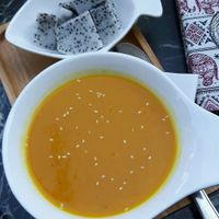 Pumpkin soup with fruits instead of bread (Bread not vegan) at Coco&Co in Vientiane