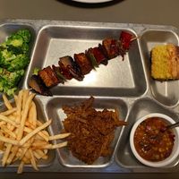 Vegan TV dinner (tofu skewer, bbq seitan, chili) at Double Wide Grill in Irwin