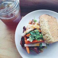 The Korean sandwich on gluten free bread and served with mint tea! ♥ at Aracari Kitchen in Terre Haute