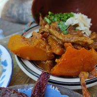 Dates, pumpkin and vegan chicken at Hummus in Delft