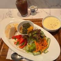 Vegan insalata capresse (salad) with soy corn soup and petso/onion/potato bowl + ice coffee with soy milk at En-Kitchen in Nagoya