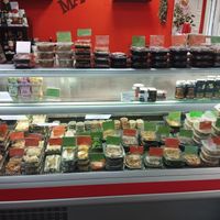 Everything with a green label is vegan! All homemade Chinese dishes. at Nan-yea Market in Madrid