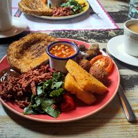 Vegan all-day breakfast + English Breakfast tea with soy milk at Lounges - Nautico Lounge in Weymouth