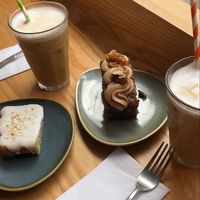 Carrot cake, lemon cake, iced flat white at Cartwheel Coffee in Nottingham