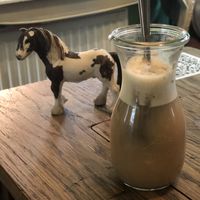 The horse table and a chai latte oat. at Hommage in Cologne