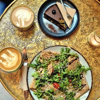 Avocado and Cherry tomato galette, Espresso Chocolate cake, Cappuccino at Hommage in Cologne