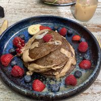 Buckwheat pancakes with fruit and almond butter :) at Hommage in Cologne