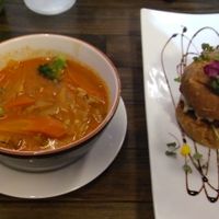 Thai soup with Beyond meat burger. at Restaurant L'Odika in Drummondville