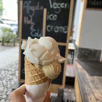 Yuzu cheesecake and hazelnut vegan ice cream and cone  at Balaram Eis in Berlin
