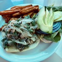 The “Farm Fresh Vegan” with vegan mozzarella and sweet potato fries was absolutely delicious! A little messy to eat though. :) at Priest Station Cafe in Big Oak Flat