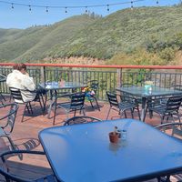 Outside sitting area at Priest Station Cafe in Big Oak Flat