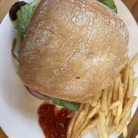 Vegan burger and friess  at Priest Station Cafe in Big Oak Flat