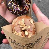 Chocolate sprinkles and maple almond—so good!!! at Holey Rollers Bakery in Oklahoma City