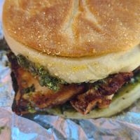 Pesto tofu sandwich on housemade English muffin at Holey Rollers Bakery in Oklahoma City