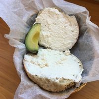 Everything bagel with plain tofu cream cheese. Side of avocado.  at Gotham Bagels in Madison
