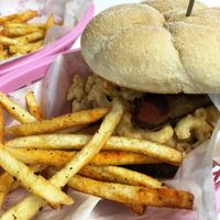 Mac & cheese burger with fries at The Burger Garden in Sheffield