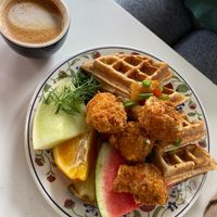 Waffles with “chicken” at Cafe Frida in Trois-rivieres