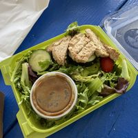 Garden salad with vegan chick’n and balsamic vinaigrette   at Silver Beach Pizza in St Joseph