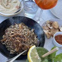 Hummus and lentil dish with drinks   at Le Phenicia in Antibes