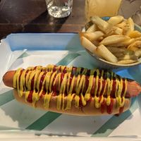Hotdog and fries at Handmade Burger Co in Sheffield