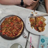 gluten-free pizza and three burritos at Elements Cafe in Safed