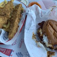Burger and chicken strips + chips  at Temple of Seitan - Hackney in East London