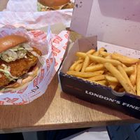 Nashville hot burger with friess  at Temple of Seitan - Hackney in East London