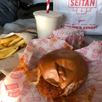 Burger, chips and milkshake at Temple of Seitan - Hackney in East London