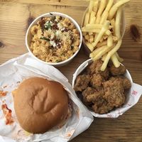 Spicy burger, popcorn bites, Mac, fries at Temple of Seitan - Hackney in East London