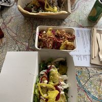 Fried courgette. Onion bhajis and vegan potatoes!  at The Canteen Bar in Bristol